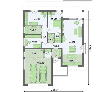 Проект одноэтажного коттеджа с гаражом для 2-х машин