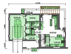 План стильного дома с просторной террасой на крыше гаража, общей площадью 151 кв. м, жилой 65 кв. м