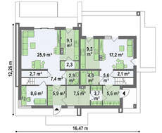 План коттеджа площадью 228 кв. м с просторными открытыми террасами