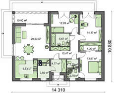 Планировка коттеджа на 124 кв. м с трехкомнатными апартаментами владельца