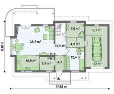 Проект просторного коттеджа с мансардой и одинарным гаражом