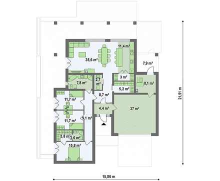 Планировка просторного коттеджа на 186 кв. м с тремя санузлами