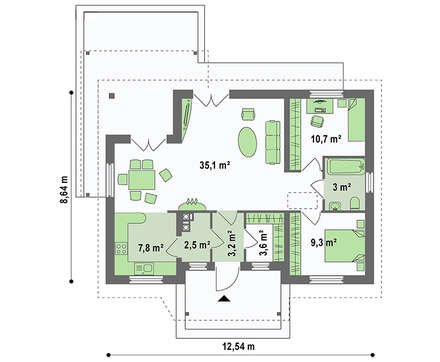 Чертеж дачного домика площадью 75 кв. м с двумя спальнями