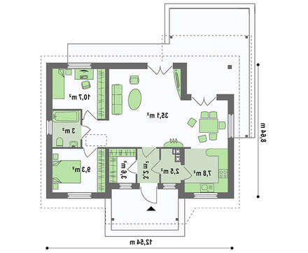 Чертеж дачного домика площадью 75 кв. м с двумя спальнями