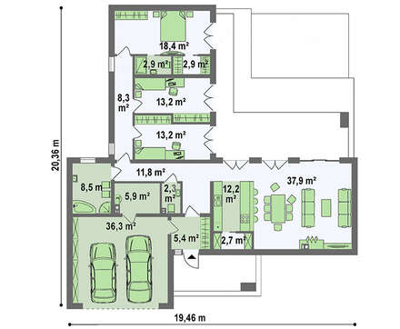 План симпатичного коттеджа на 180 кв. м с большим гостиным залом