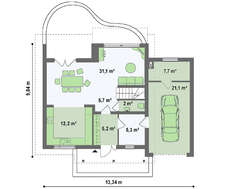 Планировка комфортабельного коттеджа на 151 кв. м с просторным гостиным залом