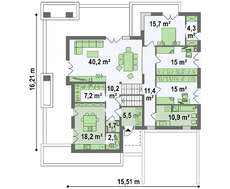 План дома площадью 234 кв. м с цокольным этажом и просторной террасой