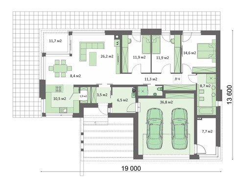 Одноэтажный современный дом с просторным гаражом на два автомобиля