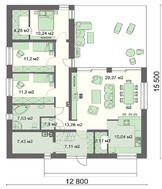 Одноэтажный жилой дом с просторной гостиной и полуоткрытой верандой