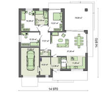 Современный одноэтажный дом с высокой четырехскатной крышей