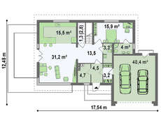 Проект дома с мансардным этажом, гостиной и гаражом на две машины