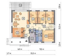 Чертеж европейского коттеджа на 132 кв. м с деревянным декором