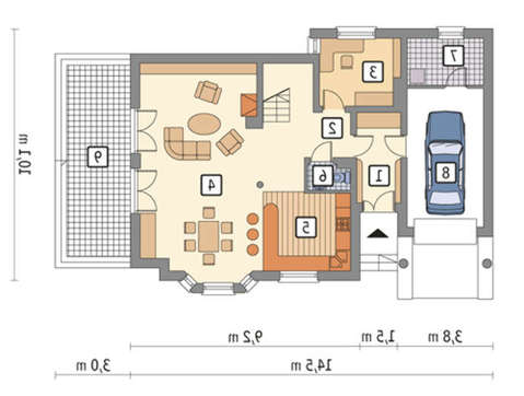 План небольшого особняка общей площадью 201 кв. м с красочным экстерьером