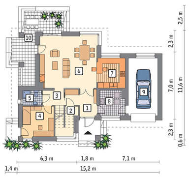 Проект симпатичного коттеджа со светлым экстерьером и пятью комнатами отдыха общей площадью 201 кв. м, жилой 150 кв. м
