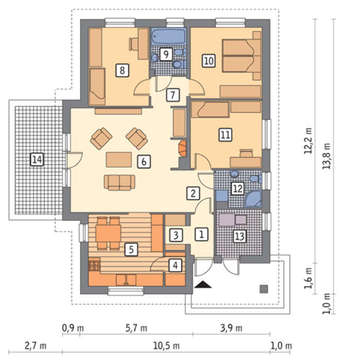 План уникальной усадьбы с двумя террасами открытого и закрытого типа общей площадью 105 кв. м, жилой 100 кв. м