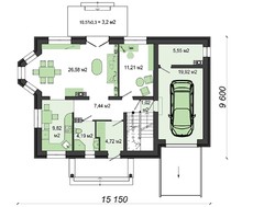 План современного кирпичного дома в два уровня с пристроенным гаражом общей площадью 223 кв. м, жилой 155 кв. м