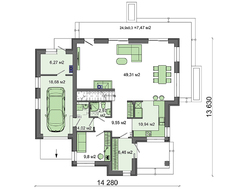 План европейского стильного дома с пристроенным гаражом общей площадью 216 кв. м, жилой 108 кв. м