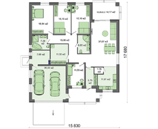 План роскошного одноэтажного коттеджа с массивными квадратными колоннами