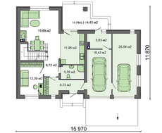 План стильного коттеджа с пристроенным гаражом на две машины