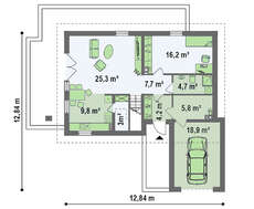 Мансардный коттедж с фронтальным гаражом
