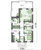 Дачный одноэтажный коттедж с битумной кровлей общей площадью 91 кв. м, жилой 35 кв. м