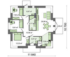 Небольшой коттедж под четырехскатной кровлей из металлочерепицы общей площадью 94 кв. м, жилой 56 кв. м