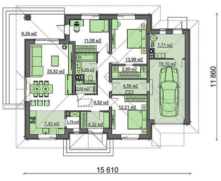 Проект одноэтажного коттеджа со встроенным гаражом общей площадью 136 кв. м