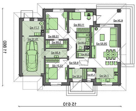 Проект одноэтажного коттеджа со встроенным гаражом общей площадью 136 кв. м