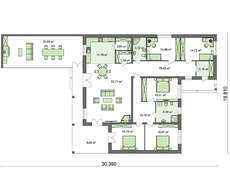 План одноэтажного коттеджа Г-образной формы общей площадью 232 кв. м, жилой 132 кв. м