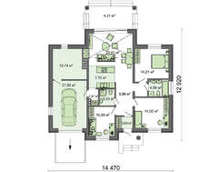 Проект красочного одноэтажного дома с облицовкой декоративным камнем общей площадью 130 кв. м, жилой 61 кв. м