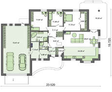 План стильного европейского коттеджа с гаражом на две машины общей площадью 233 кв. м, жилой 79 кв. м