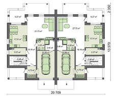 Схема современного коттеджа на двух хозяев общей площадью 416 кв.м с французскими балконами
