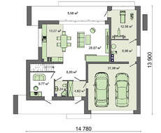 План дома в стиле минимализм площадью 224 кв. м с гаражом на две машины