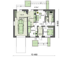 Схема коттеджа под двухскатной кровлей площадью 98 кв. м с деревянным декором