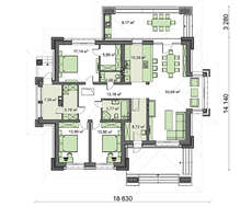 Схема коттеджа из кирпича площадью 164 кв.м с тремя спальнями и двумя санузлами
