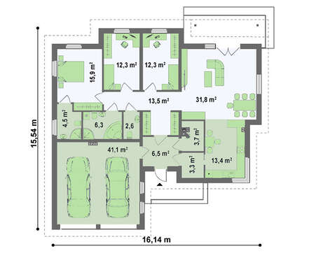 Проект одноэтажного дома с кирпичным фасадом и с гаражом для двух авто