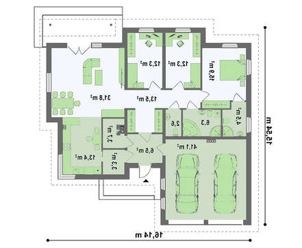 Проект одноэтажного дома с кирпичным фасадом и с гаражом для двух авто