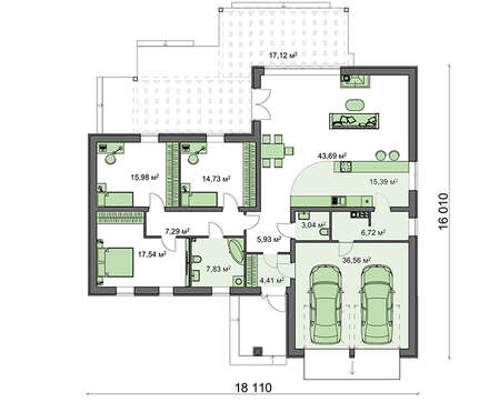 Проект 1-этажного дома с фронтальным гаражом для двух машин
