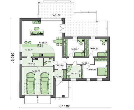 Проект 1-этажного дома с фронтальным гаражом для двух машин