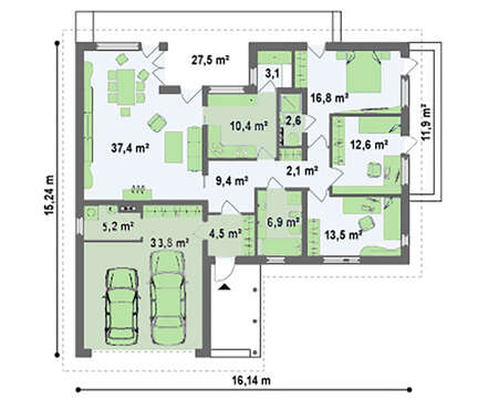 Большой одноэтажный дом со сдвоенным гаражом