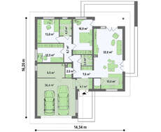 Одноэтажный дом с гаражом для двух автомобилей и большим хозяйственным помещением