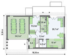 Проект коттеджа с двускатной кровлей и гаражом для 2х авто