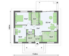Проект маленького аккуратного одноэтажного коттеджа с двускатной крышей