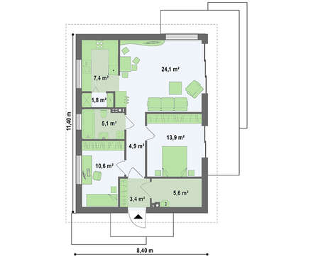 Проект небольшого одноэтажного коттеджа с входом сбоку