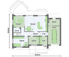 Проект коттеджа на один этаж с мансардой и большим окном в гостиной