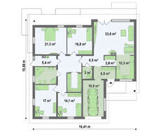Проект классического одноэтажного дома с гаражом для 1-го автомобиля
