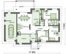 Проект одноэтажного коттеджа с 3 спальнями и удобным гаражом
