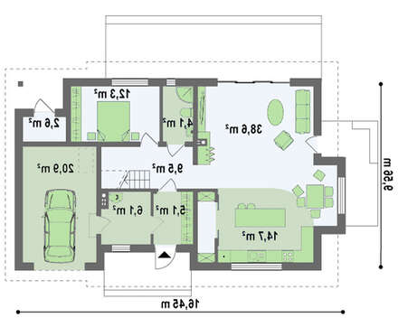 Проект коттеджа с двускатной кровлей и небольшим гаражом