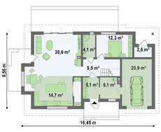 Проект коттеджа с двускатной кровлей и небольшим гаражом