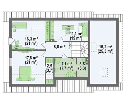 Проект коттеджа с двускатной кровлей и небольшим гаражом